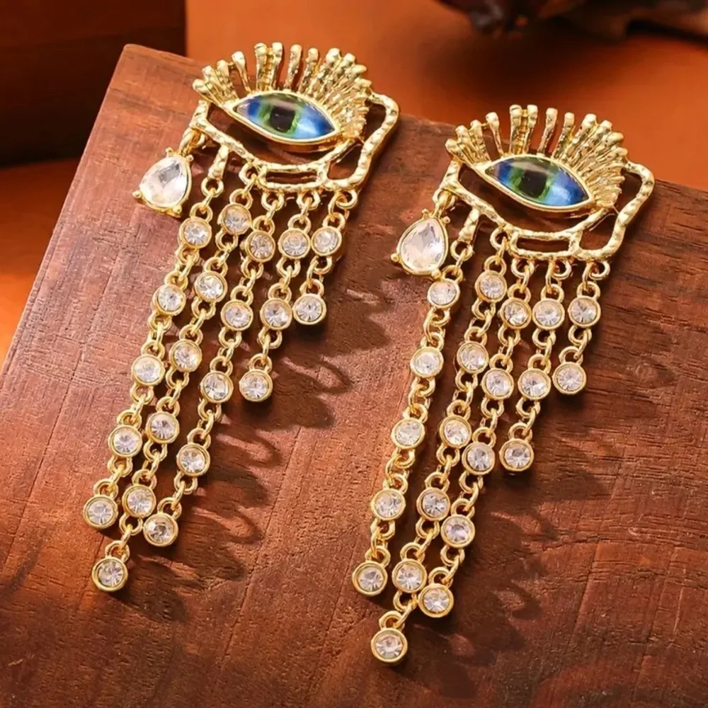 NEW Evil Eye Long Tassel Statement Earrings, Boho Chic Protective Gaze Earrings